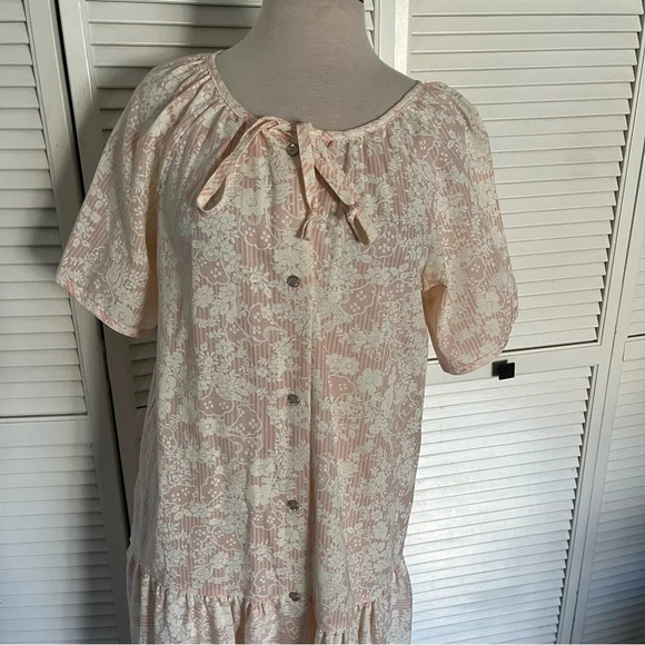 Vintage Ann Leslie white pink floral dress button snap knee length tiered medium - Picture 2 of 13